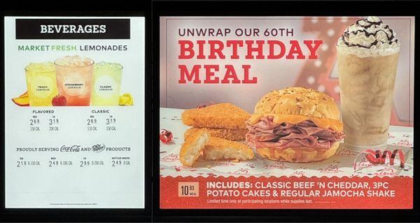 Beverage menu and Arby's birthday meal