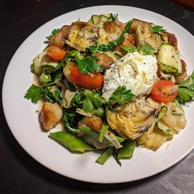 Fresh pasta, homemade ricotta, grilled artichokes, fresh herbs, summer seasonal veggies