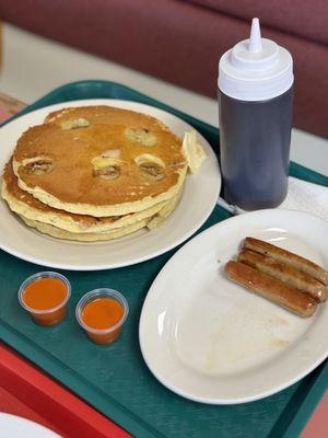 Buttermilk banana pancakes with side of sausages