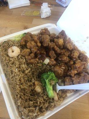 General tso's chicken and shrimp fried rice dinner plate