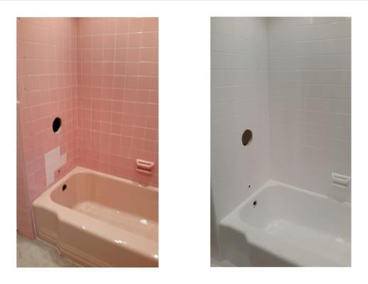 Reglazed pink wall tiles and bathtub in white.