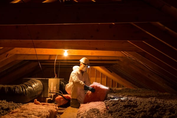 Insulation Installation - installing fiberglass damming in a attic to prevent new cellulose from disturbing the HVAC unit.