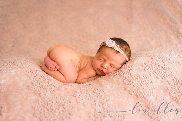 Baby Girl in pink headband and bum up pose.  Newborn Portrait by Lin Ellen Studios serving the greater Philadelphia area.