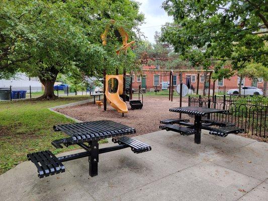 Picnic tables, slide, swings