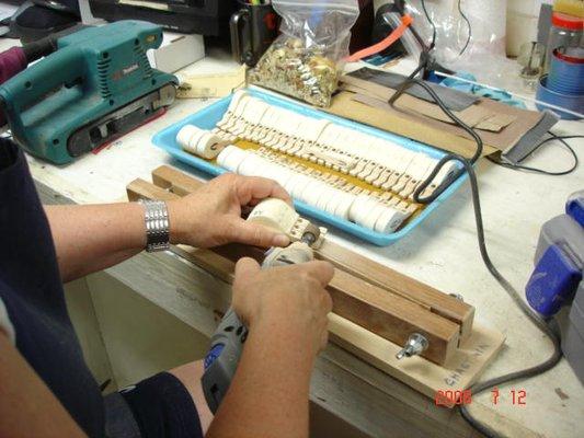 Preparing the Steinway hammers to put on the hammer shanks