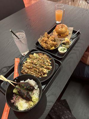 Chicken meatballs, okonomiyaki, karaage,  &. Chicken Sando.