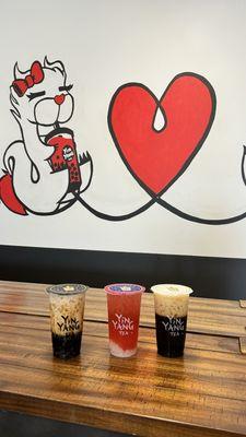 Brown Sugar Milk Tea w/ tapioca, Strawberry Fruit Tea w/ lychee jelly, Brown Sugar Shaken Expresso w/ grass jelly and tapioca