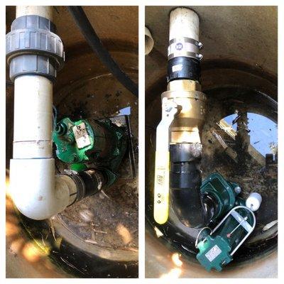 Sump pump replacement before & after with new shut off for maintenance.