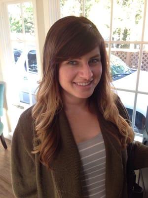 Balayage color with side swept bangs