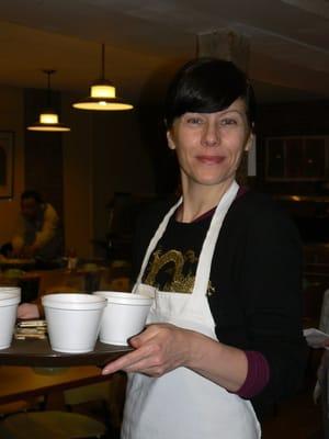 One of our star volunteers serving soup on a Monday Night dinner shift