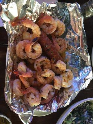 Our low carb dinner!  Yum! Shrimp, Sausage, Egg, & a Side Salad.