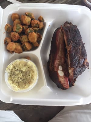 BBQ Rib Platter with homemade potato salad and fried okra.