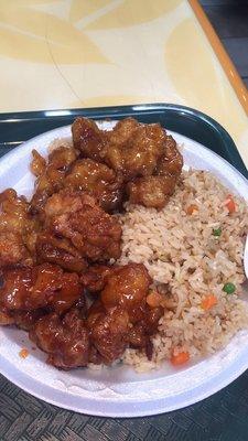 Orange and general tso chicken wth fried rice.