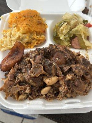 Oxtails/w Rice, Mac-N-Cheese, Cabbage/w Sausages