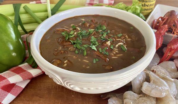 Dark, rich gumbo that is easy and quick to make AND gluten free, but you'd never know it!