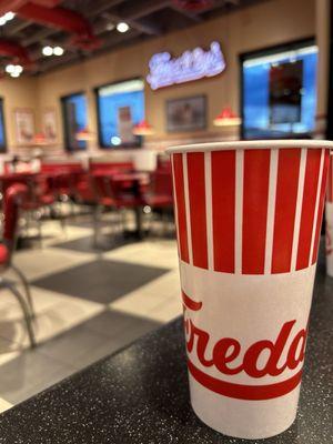 Comfy dining room and self serve fountain sodas.