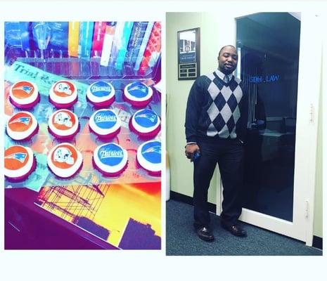 Happy Birthday to one of our attorneys, Pascal Moleus. #birthday #redvelvet #cupcakes #patriots #attorney #GDHLaw #lawfirm