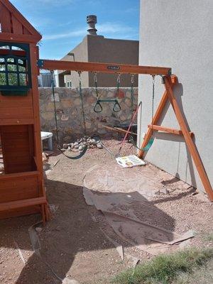 Outdoor play station with swing set and slide