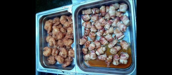 Bacon Wrapped Chicken with honey bourbon sauce with spicy shrimp