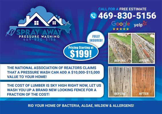 Spray Away Pressure Washing Servicing Dallas, Rockwall, Fate, Heath, Frisco, Little Elm. Contact us today for an estimate! 469-830-5156