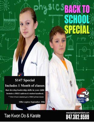 Back to School Special for ages 4 to 12 years old expires 9/30/2024.
Contact us to schedule appointment for a tour and FREE private lesson.