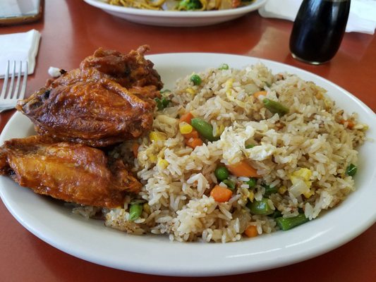 Delicious fried rice done exactly right, and hot wings too!