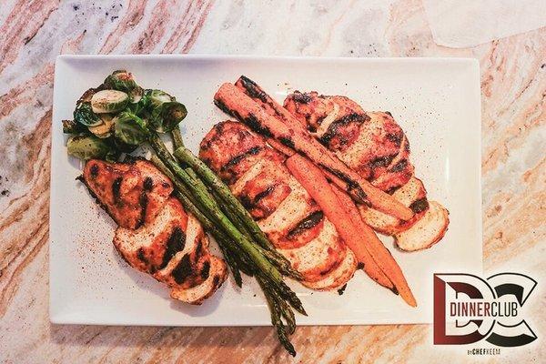 Grilled Chicken Platter with Grilled Carrots and Asparagus with a side of Roasted Brussel Sprouts