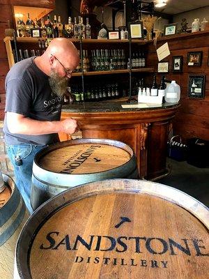 Bistro Barrel Tables where you can enjoy a 5-flight Spirits Tasting!