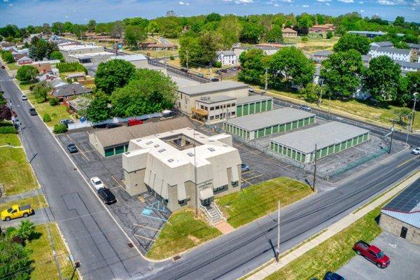 An aerial view of our parking lot, outside units and office.