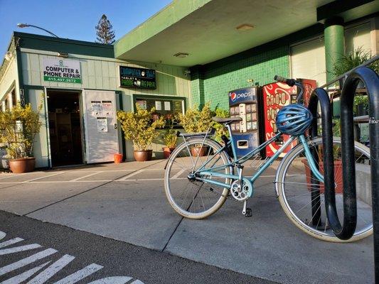 Bike Rack to secure your bike and plenty of car parking available at San Anselmo computer & Phone Repair