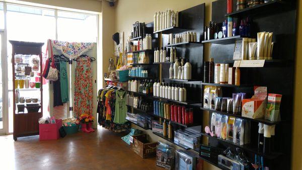 Hair products and clothing the salon sells