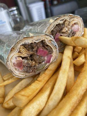 Beef Shawarma Sandwich Combo with fries and hummus