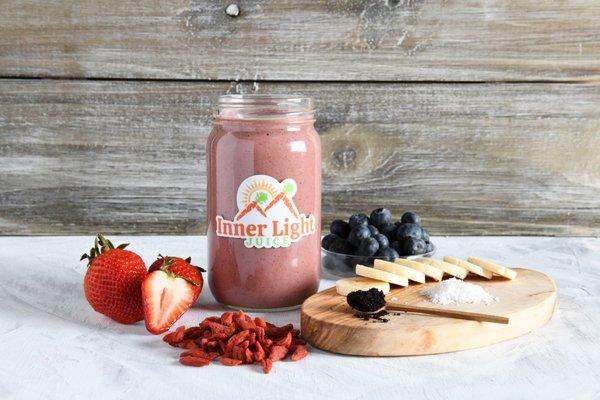 Berry Balanced - 
Blueberries, Strawberries, Goji Berries,
Acai Berry, Banana, Homemade Mylk