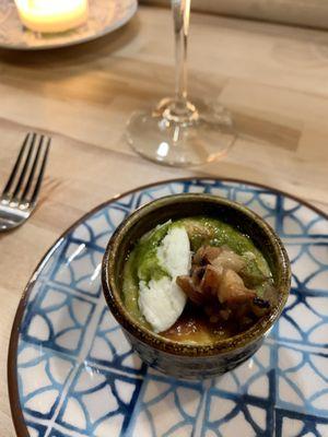 First course: savory custard with turnips and kale oil