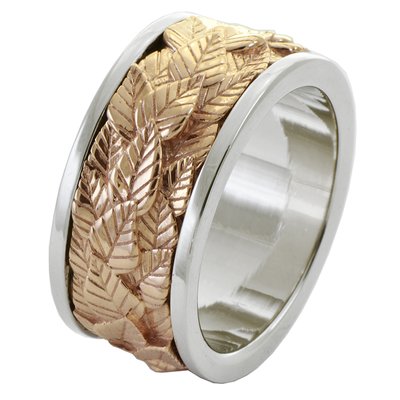 14k white and rose gold spinning leaves band.