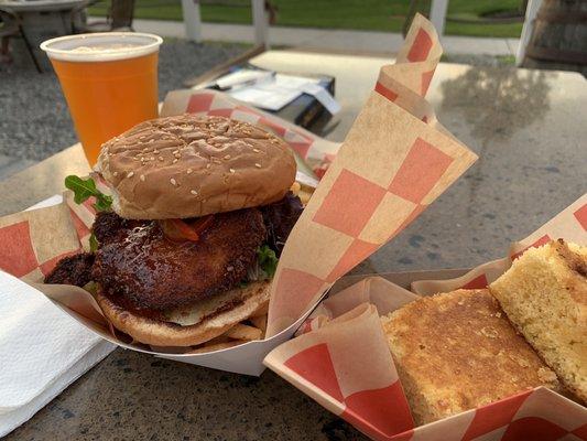 Chicken sandwich and corn bread