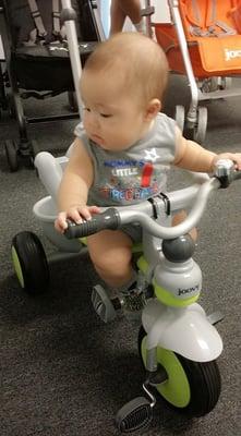 Super cute trikes, too bad he was too small for it at 4.5 months here.