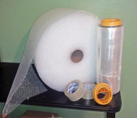 Bubble wrap, sretch film, packing tape and yellow film holders