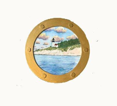 "Porthole Painting" of Deer Isle Thorofare/Mark Island Light.  Watercolor with handmade wood "porthole"