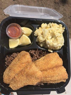 Fried Swai with rice & beans and potato salad