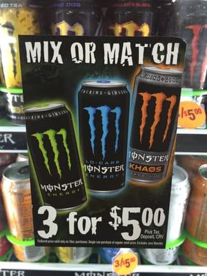 Can't find 3 for $5 Monster Deals anywhere but here!