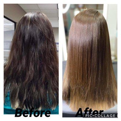 Before and after keratin treatment and glaze