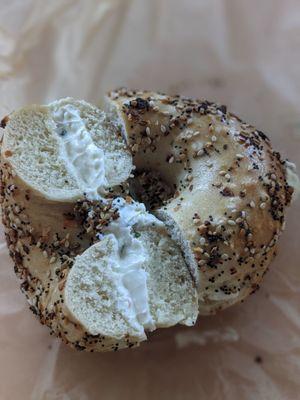 Sammy's everything bagel (ever so slightly toasted) with veggie schmear.