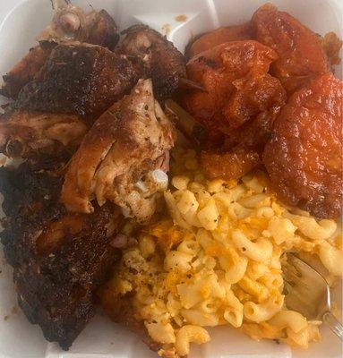 Lg jerk chicken, mac & cheese, candied yams