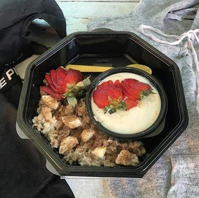 Strawberry Bananna oatmeal with a side of yogurt.