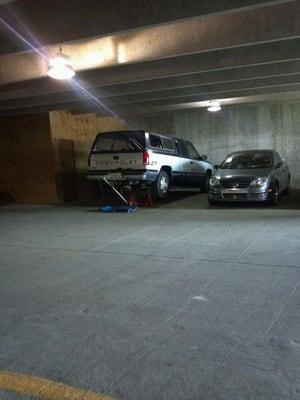 Fuel pump job at Skaggs Hospital in parking garage.