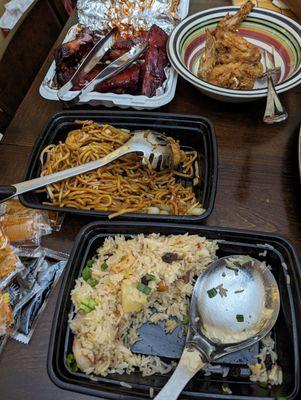 BBQ spare ribs, fried chicken wings, shrimp Lo mein and Thai pineapple fried rice.