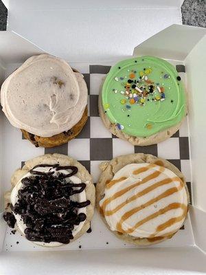 Pumpkin, Halloween sprinkles, cookies and cream, and salted caramel cookies. Yum!