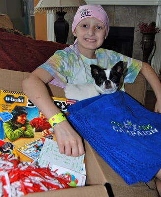 Hannah shows off her care package.  We promise we didn't mail her the dog!