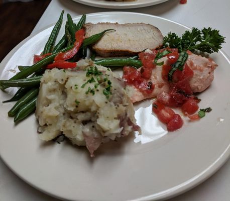 Pork Loin, Smashed Red Potatoes, Chicken Bruschetta & Sauteed Green Beans